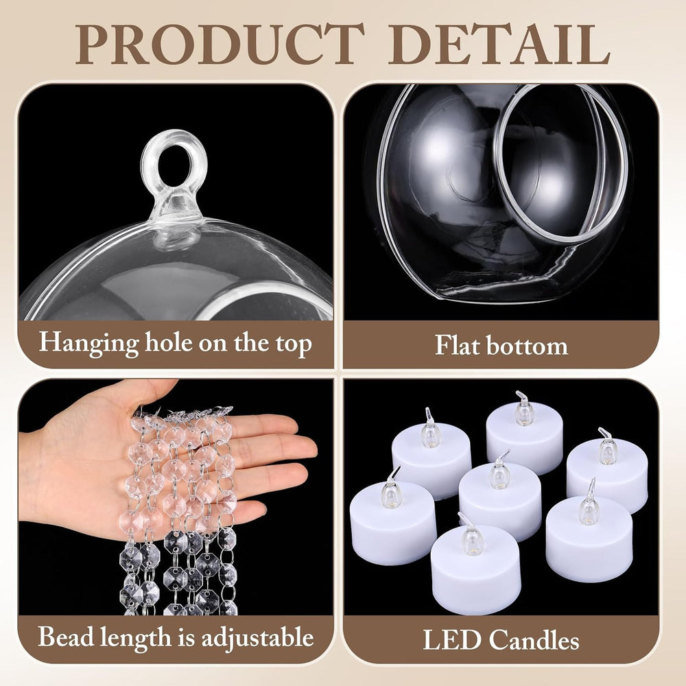 Booson 100 Pcs Hanging Candle Holder Glass Globes Orbs with Crystal 3.15'...