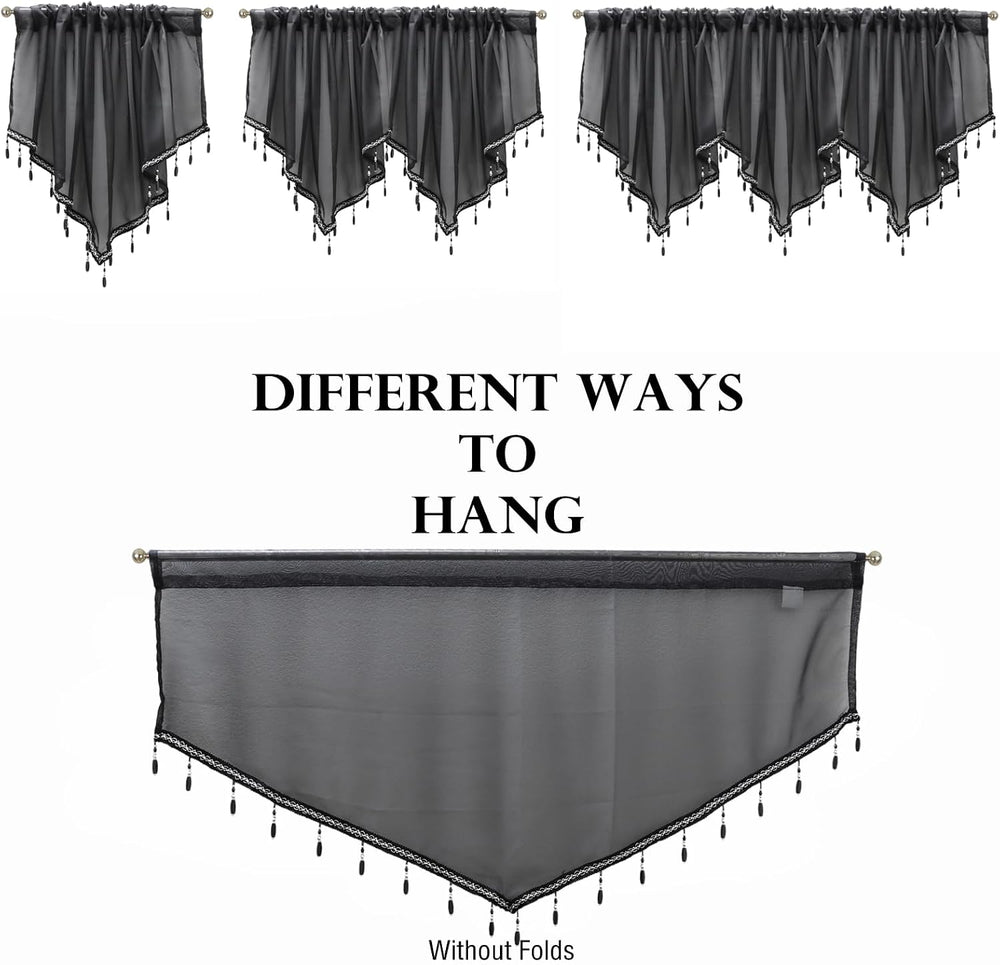 3 Pieces Black Beaded Sheer Valance with Rod Pocket Scalloped Window Curtains...