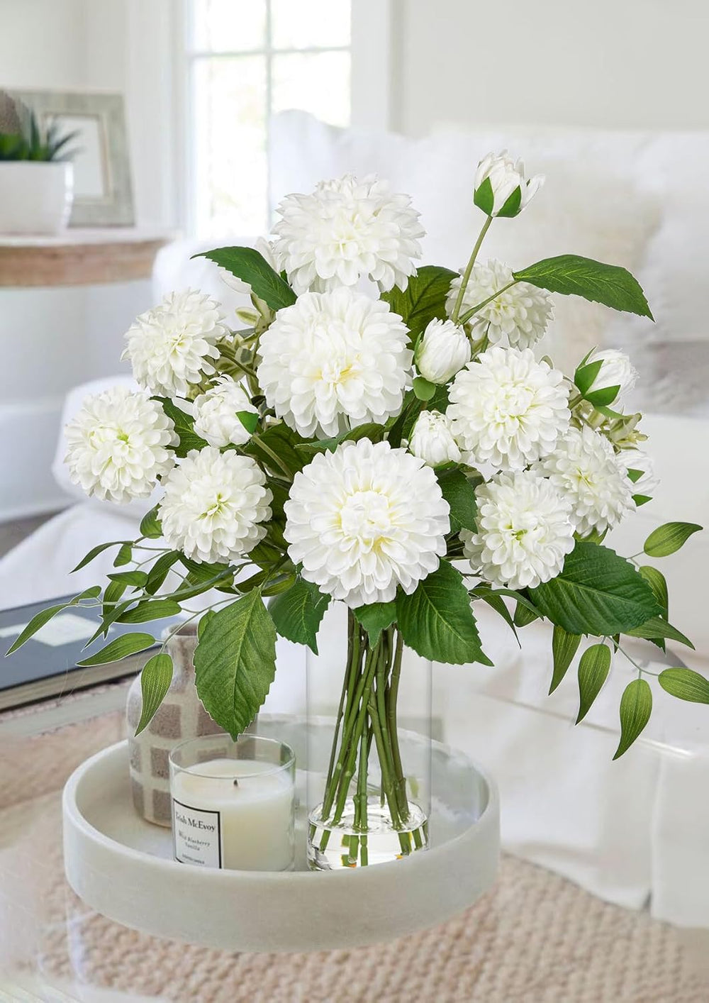 Hollyone White Fake Flowers in Vase Dahlia Artificial Flowers in Glass Vase w...