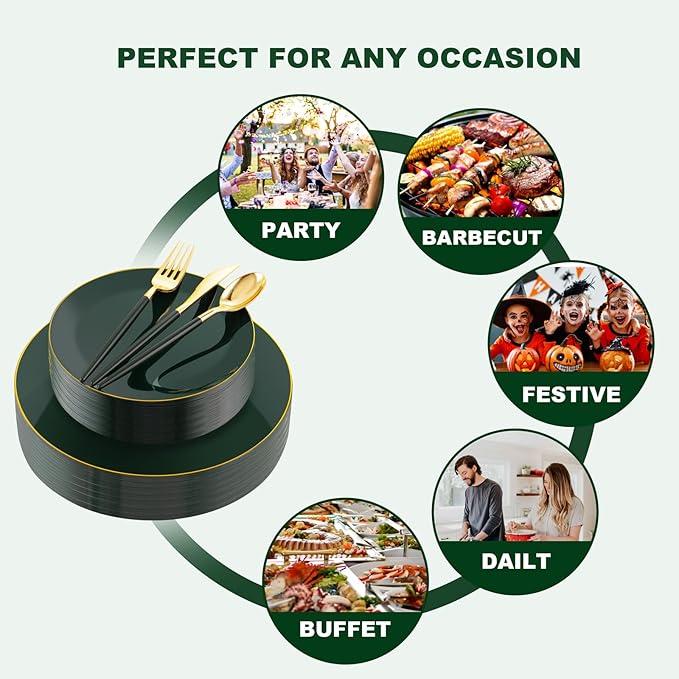 Liacere 150PCS Green Plastic Plates - Gold Plastic Silverware with Green Handle - Heavy Duty Fancy Plastic Plates Disposable Include 30 Guests Plates, Forks, Spoons, Knives for wedding＆Labor Day