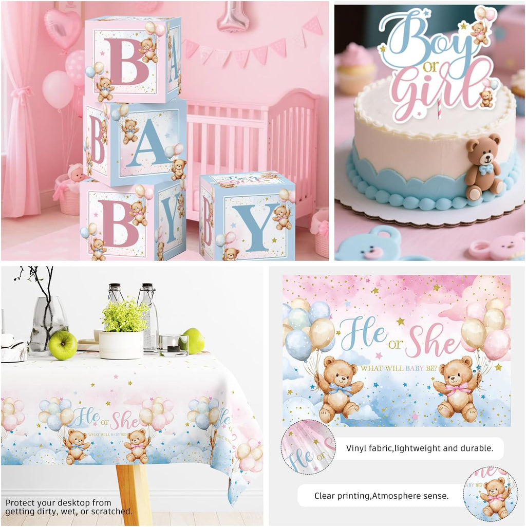 cocomigo 232pcs Bear Gender Reveal Decorations Complete Party Set 20 Guests