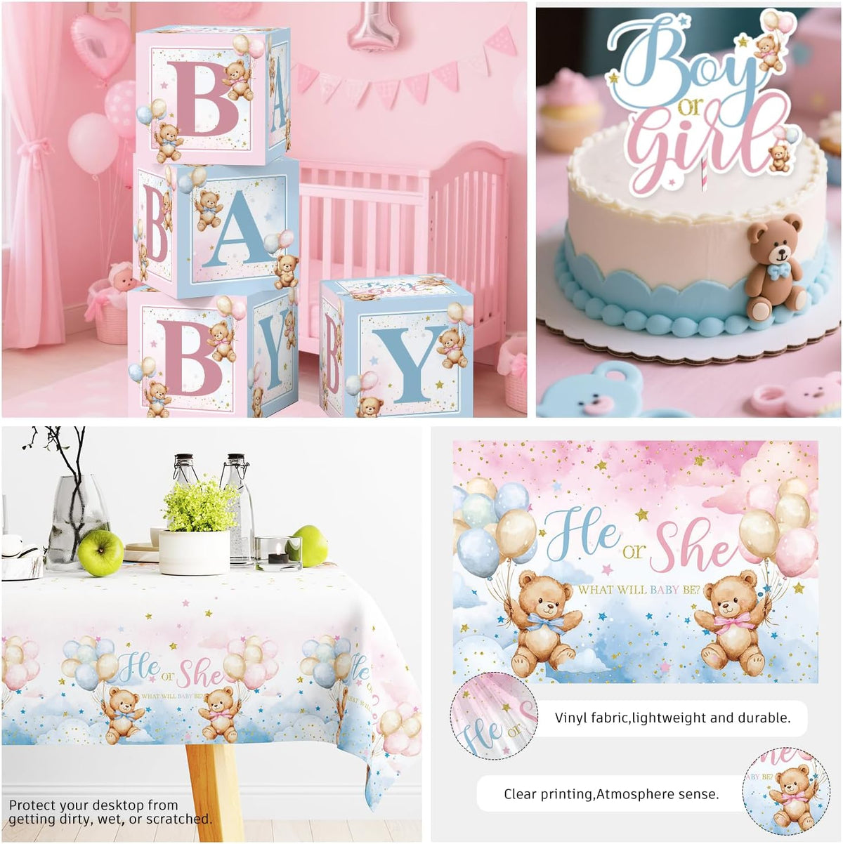 cocomigo 232pcs Bear Gender Reveal Decorations Complete Party Set 20 Guests