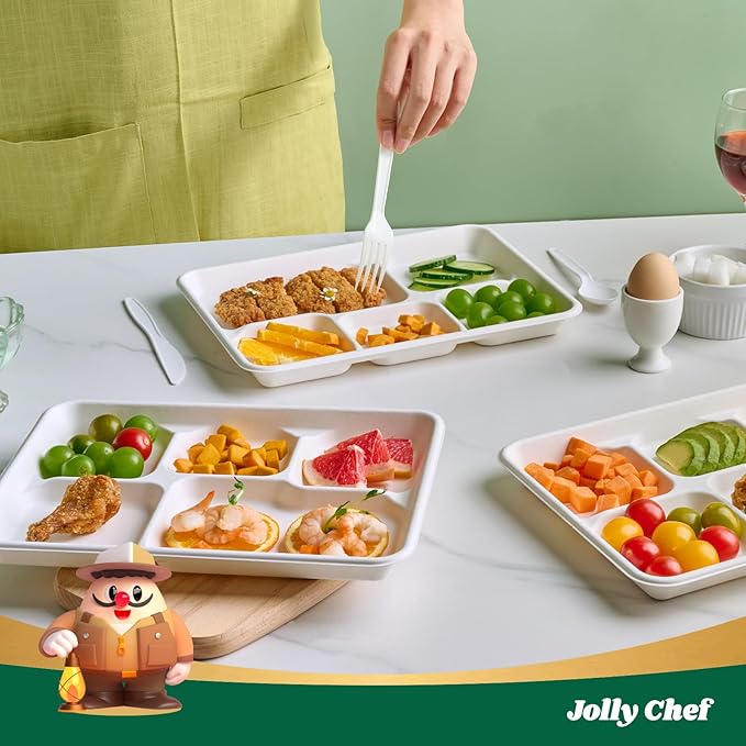 JOLLY CHEF Compostable 𝟱 Compartment Paper Plates 𝟭𝟭 * 𝟴 𝗶𝗻𝗰𝗵 [𝟭𝟬𝟬 𝗣𝗮𝗰𝗸] Heavy Duty White Divided Disposable Plate Eco-Friendly Biodegradable Containers Food Tray for Party Lunch Buffet (100 Pack)