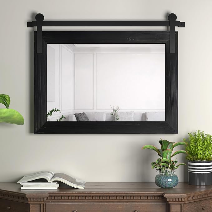 COGOOD Farmhouse Barn Door Mirror - 25" x 18" Rustic Wood Framed Decrative Mirror for Bathroom, Living Room, Entryway Wall Decor (Black)