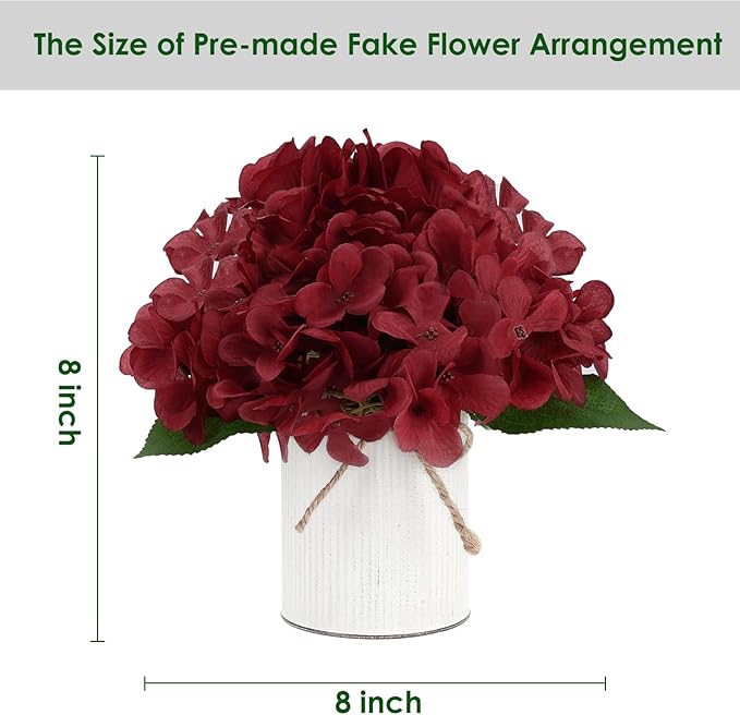 Flower Table Centerpieces - Set of 6 Floral Arrangement Artificial Wedding Hydrangeas Floral Arrangement with Rustic Metal Vase for Bridal Tea Party Event Decorations - Deep Red