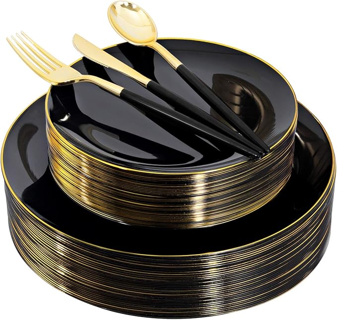 150pcs Black Plastic Plates, Black and Gold Plates,Gold Plastic Silverware,Black and Gold Dinnerware Set,Premiun Taleware,Perfect for Birthday,Party,Wedding,Anniversary