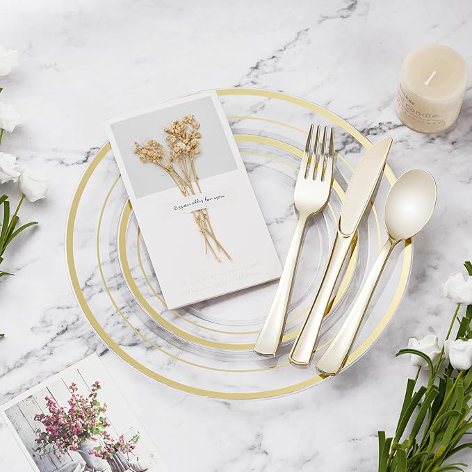 600PCS Clear Gold Plastic Plate Set (100 Guests), Plastic Plates for Party Wedding Birthday, Disposable Dinnerware Set of 200 Plates, 200 Forks, 100 Spoons, 100 Knives for Christmas