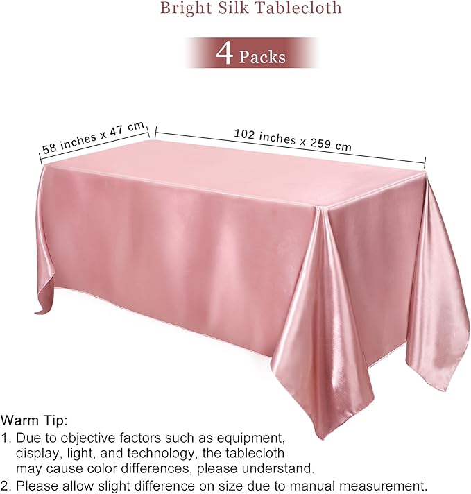 TURSTIN 4 Packs Rose Gold Satin Tablecloth 102 x 58 Inch Overlay Satin Table Cover Rectangle Bright Silk Tablecloth Smooth Fabric Table Decoration for Wedding Banquet Party Events