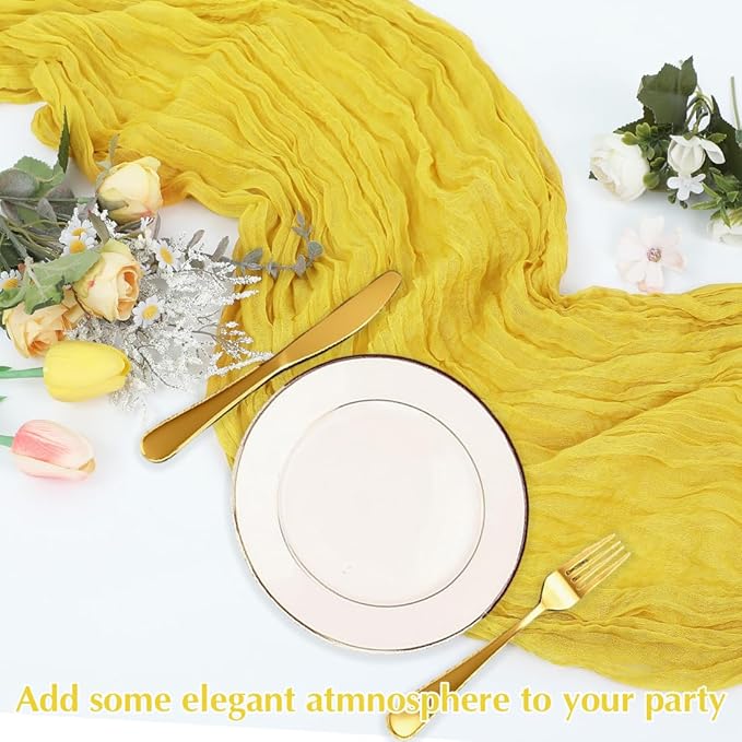 10 Pack Yellow Cheesecloth Table Runner -21*120Inch Long Boho Wedding Table Decor, Rustic Gauze Fabric Runner for Bridal Showers, Baby Showers & Parties (Sheer, Lightweight, Wrinkled Design)