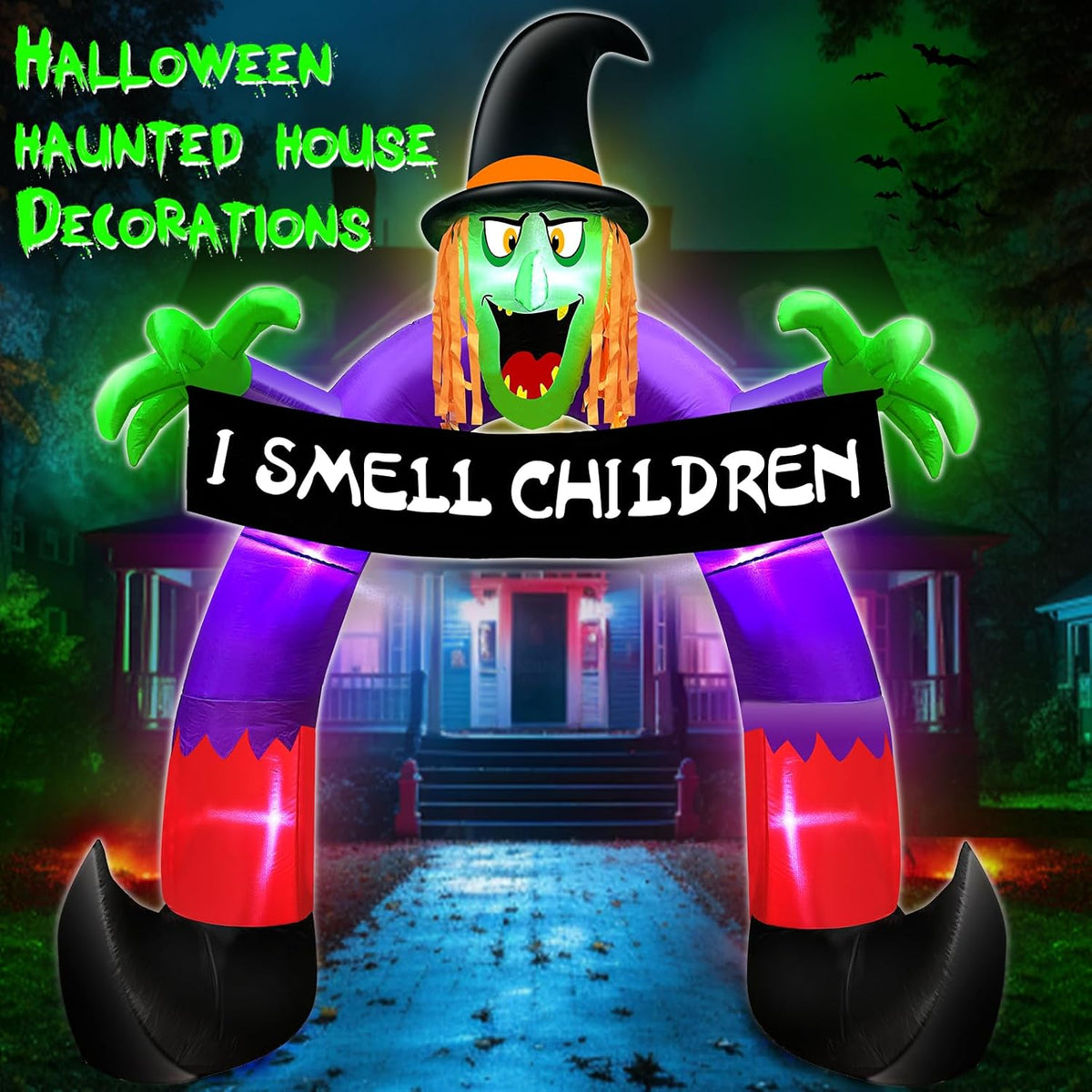 8ft halloween inflatables outdoor decorations witch holds banner, close-up detail