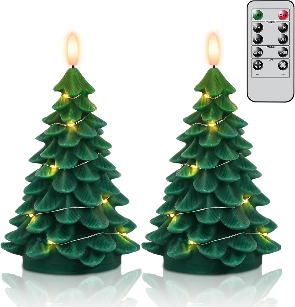 GenSwin Christmas Tree Flameless Candles, Christmas LED Taper Candles with Remote Timer and 3D Flame, 2 Pcs Green LED Pillar Candlesticks with String Lights for Christmas Home Decoration(3” x 7.1”)
