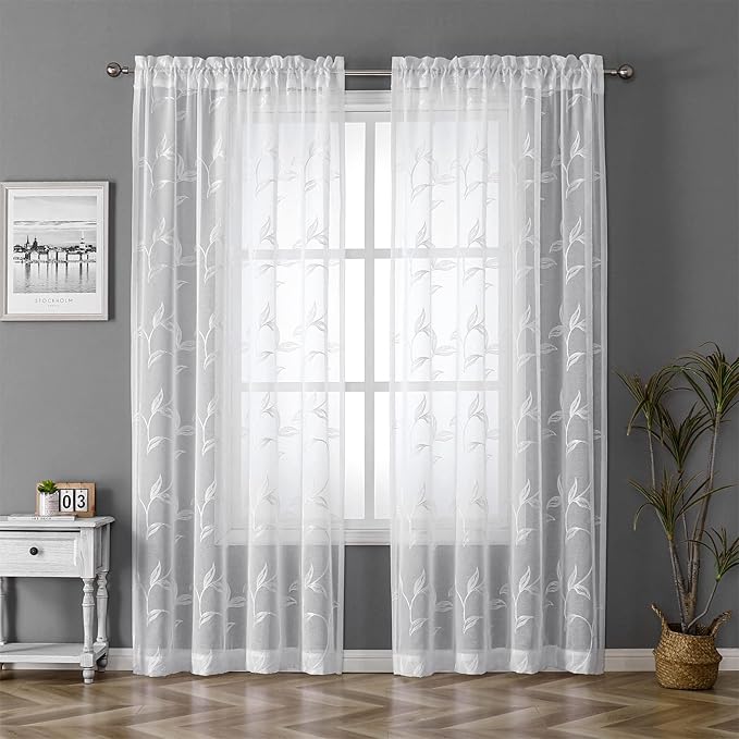 VISIONTEX White Sheer Voile Curtains, Decorative White Embroidery Faux Linen Rod Pocket Window Drapes for Home Kitchen, Living Room and Bedroom 54 x 108 Inch, Set of 2 Curtain Panels