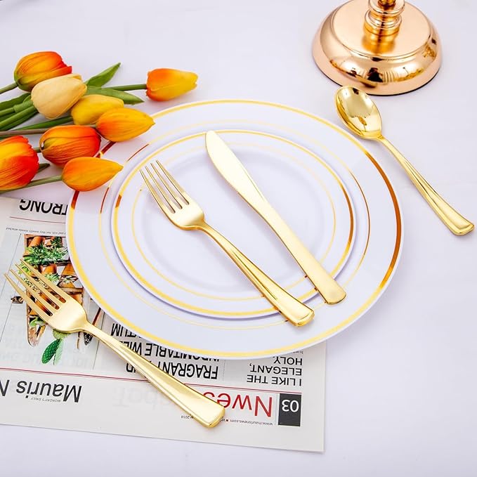 NOCCUR 400PCS Gold Plastic Silverware - Gold Plastic Cutlery Include 200 Forks, 100 Spoons, 100 Knives, Disposable Silverware Perfect for Party&Daily Using