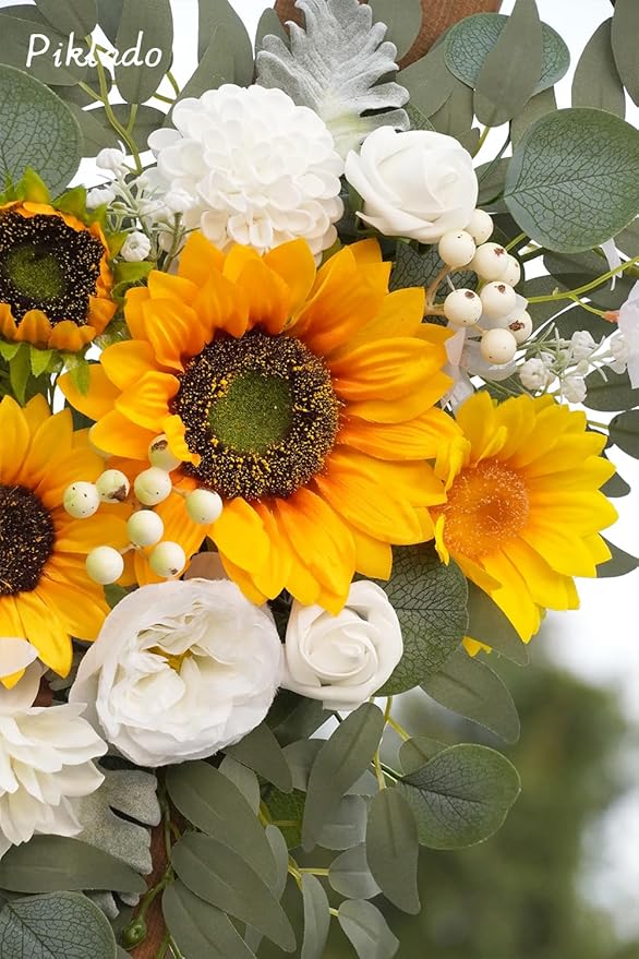 Faux Flower Swag Set of 2 for Wedding Welcome Signs Floral Swag Wedding Reception Ceremony Signs Decor (Sunflower & White)