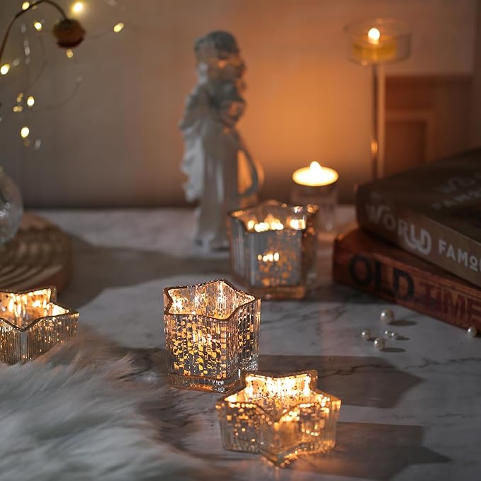 Letine 10pcs Silver Ribbed Star Candle Cups - Assorted Height Tea Light Holders, Votive Candle Holders forWedding, Fall Table Centerpiece, Mercury Glass Lucky Star Jar Decor(Tall 2.44", Short 1.57")