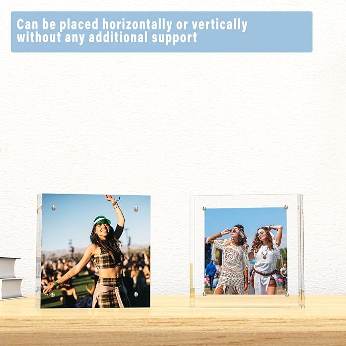 HELPLEX 2 Pack 8x8 Acrylic Picture Frames, 24mm Thicker Square Frameless Clear Frame Double Sided Magnetic Frame, Free Standing Desktop Display Stand
