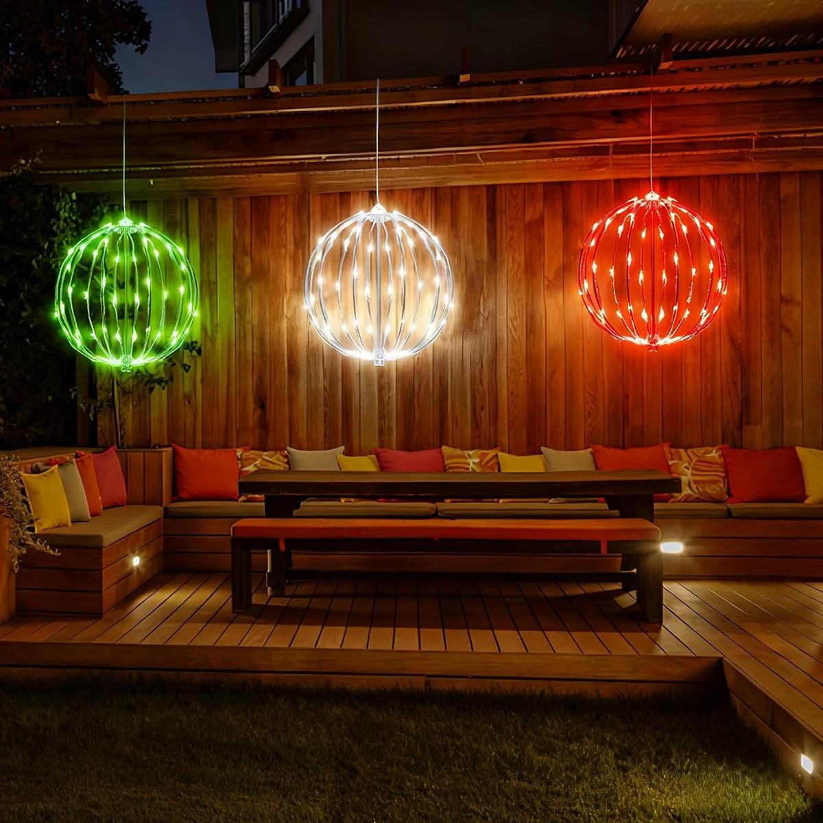 christmas light balls outdoor, foldable hanging holiday decor, close-up detail