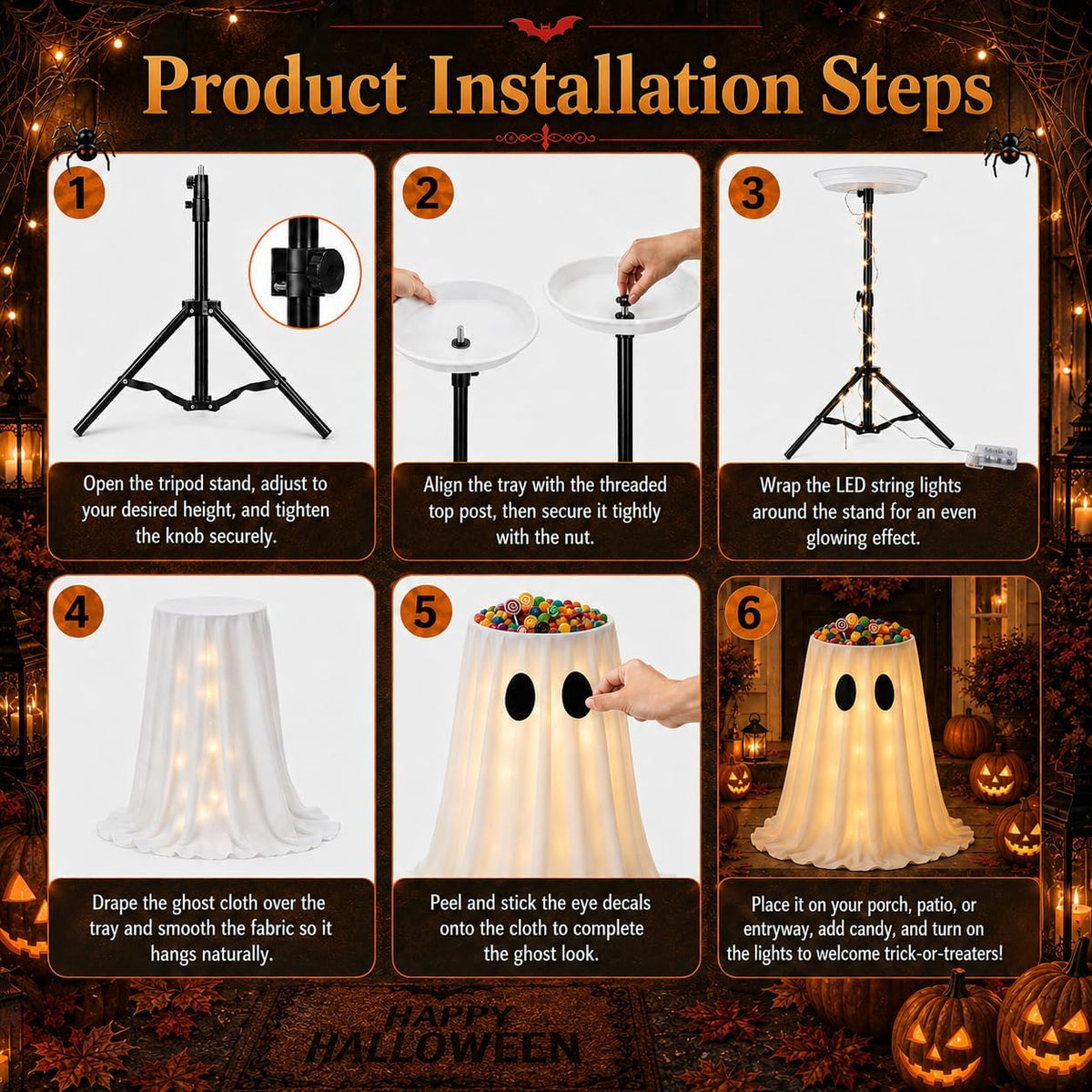 Halloween Cute Ghost Candy Holder with LED Lights for Front Door Outdoor
