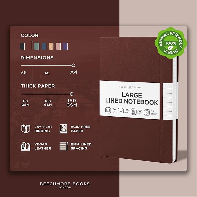 BEECHMORE BOOKS Lined Journal Notebook, 8.5 x 11.5 inch, A4 160 Lined Pages, Hardcover Leather Journals for Women, Men, Writing and Notebooks for Work - 120 GSM Thick Paper, Gifts Box Included (Chestnut Brown)