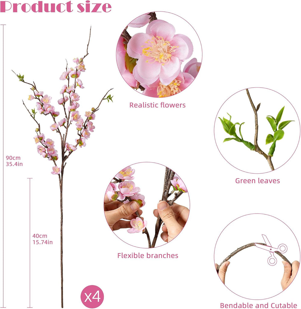 4PCS Pink Cherry Blossom Branches 35.4'' Long Stem Artificial Flowers...