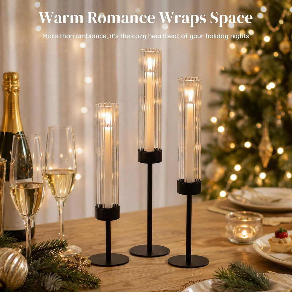 Glasseam Black Candlestick Holders, 6Pcs Fluted Glass Hurricane with Taper
