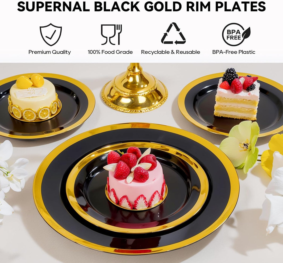 supernal 120-Pack Black and Gold Plastic Plates, 60 Guests Disposable Dinnerware Set (10.25" & 7.5"), Heavy Duty Elegant Party Plates for Graduation 2026, Wedding & Birthday