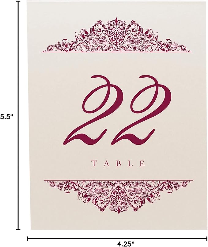 Paisley Wedding Table Numbers (Select Color/Quantity), Champagne, Burgundy, 1-55, Double Sided, Tent or Use in a Stand, Great for Parties & Restaurants - Made in the USA