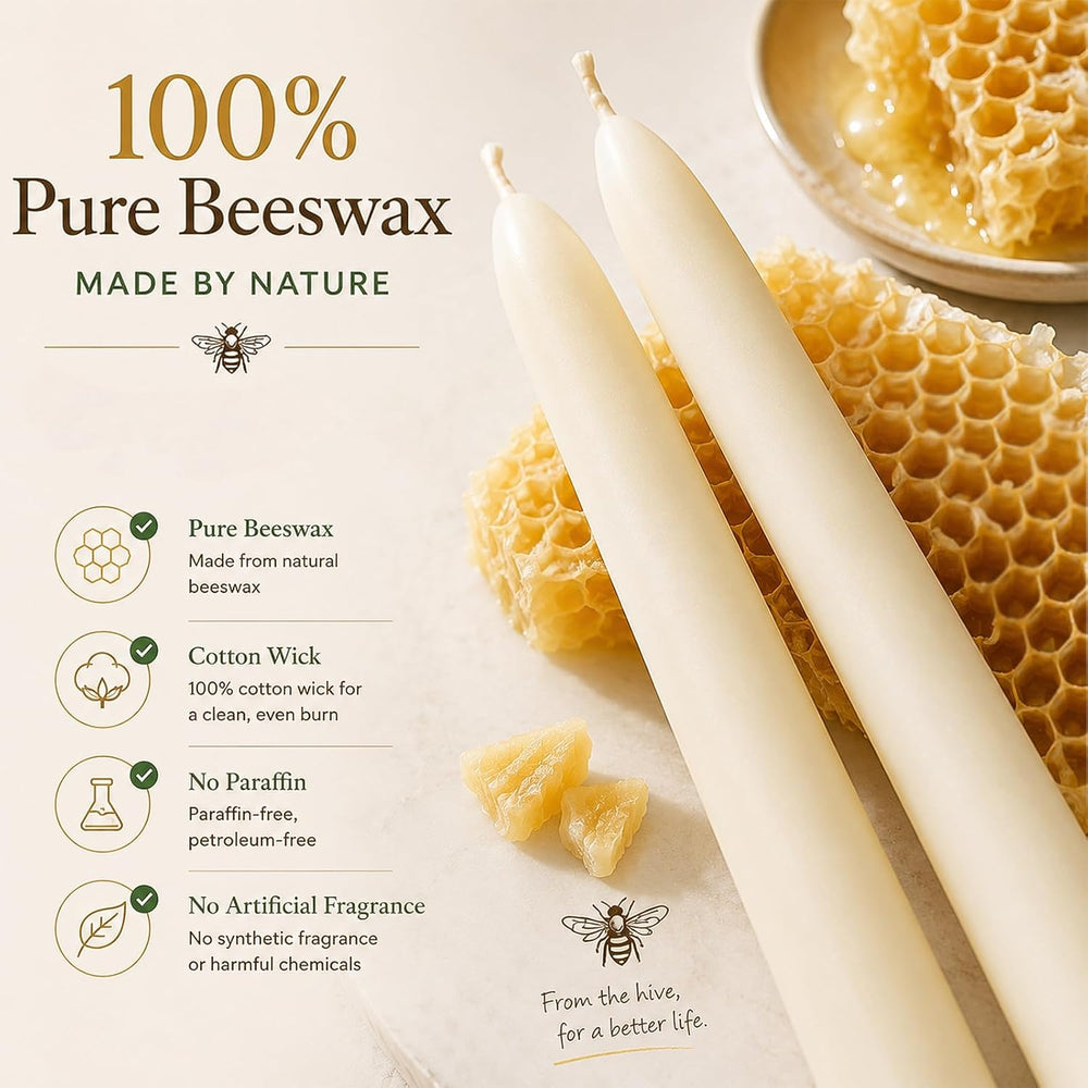 Beeswax Taper Candles 16 Packs, Unscented Ivory Candle Sticks