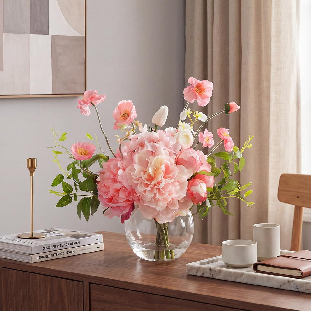 Peonies Artificial Flowers in Vase, Pink Artificial Flowers with Faux Water, ...