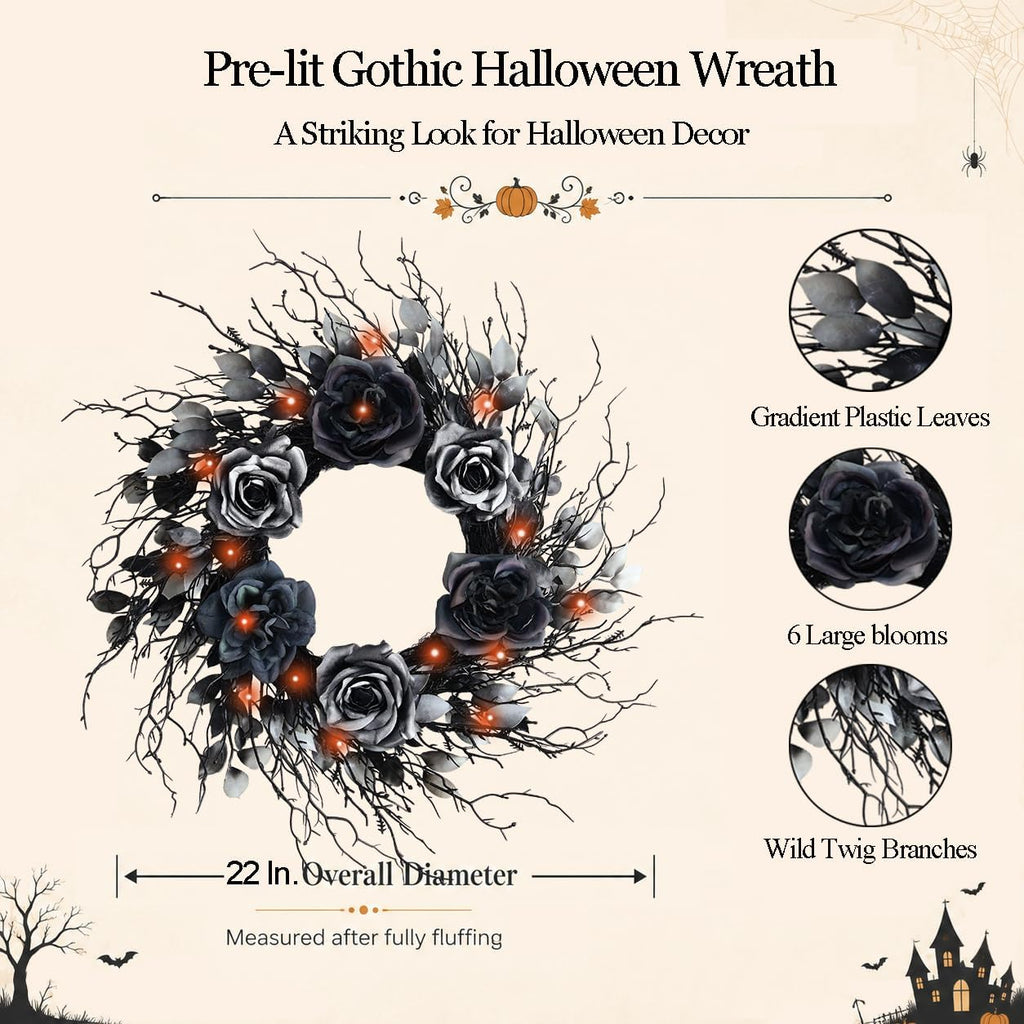22 inch black and silver halloween wreath with shown in use