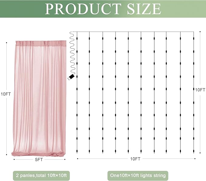 Tulle Backdrop Curtain with Lights String 10FT X 10FT Dusty Rose Sheer Tulle Backdrop Curtains for Wedding Birthday Party Reception Photo Booth Background Decorations (2 Panels 5x10FT)