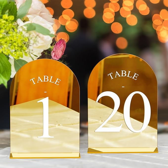 JOYIT Arch Wedding Table Numbers 1-20 with Stands – 5" X 7" Acrylic Mirrored Gold Table Number Holders, Perfect for Wedding Receptions, Parties, Anniversaries, and Events