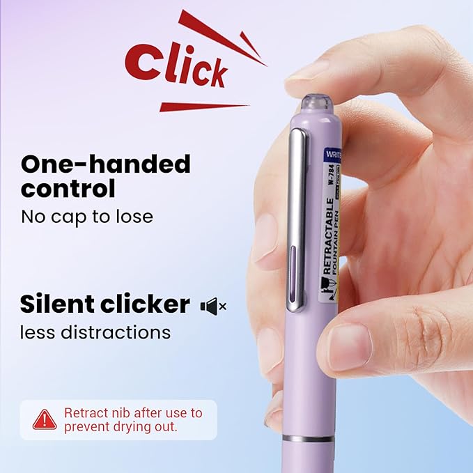 WRITECH Fountain Pen Fine Nib: Retractable Black Ink Pens Set Includes 5 Ink Cartridges Smooth Writing for Calligraphy Sketching Journaling Gift (Purple)