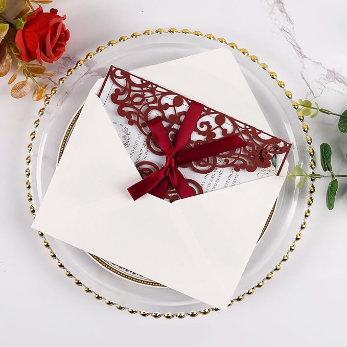 50pcs Burgundy Wedding Invitation Cards Pocket with Envelope Blank Inner Sheets Ribbons laser Cut invitations for Wedding Bridal Shower QuinceañEra Engagement Birthday Invites
