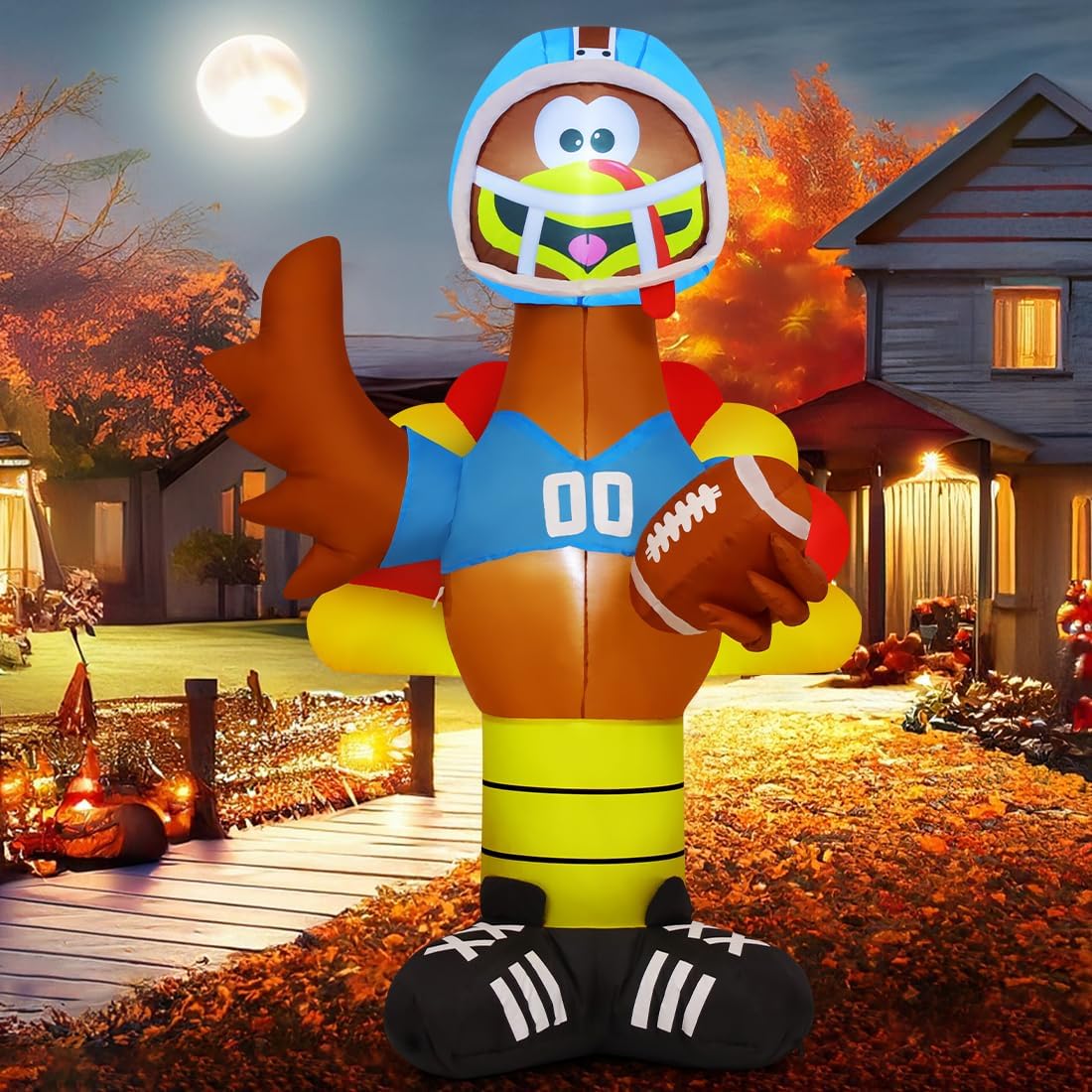 GOOSH 6 FT Thanksgiving lnflatable Turkey Outdoor Decorations Blow Up Yarda Turkey with a Rugby, with Built-in LEDs for Indoor Party Garden Lawn Decor