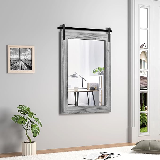 COGOOD Farmhouse Barn Door Mirror - 25 x 38 Rustic Bathroom Mirror for Living Room, Entryway, Vanity Wall Decor (Grey)