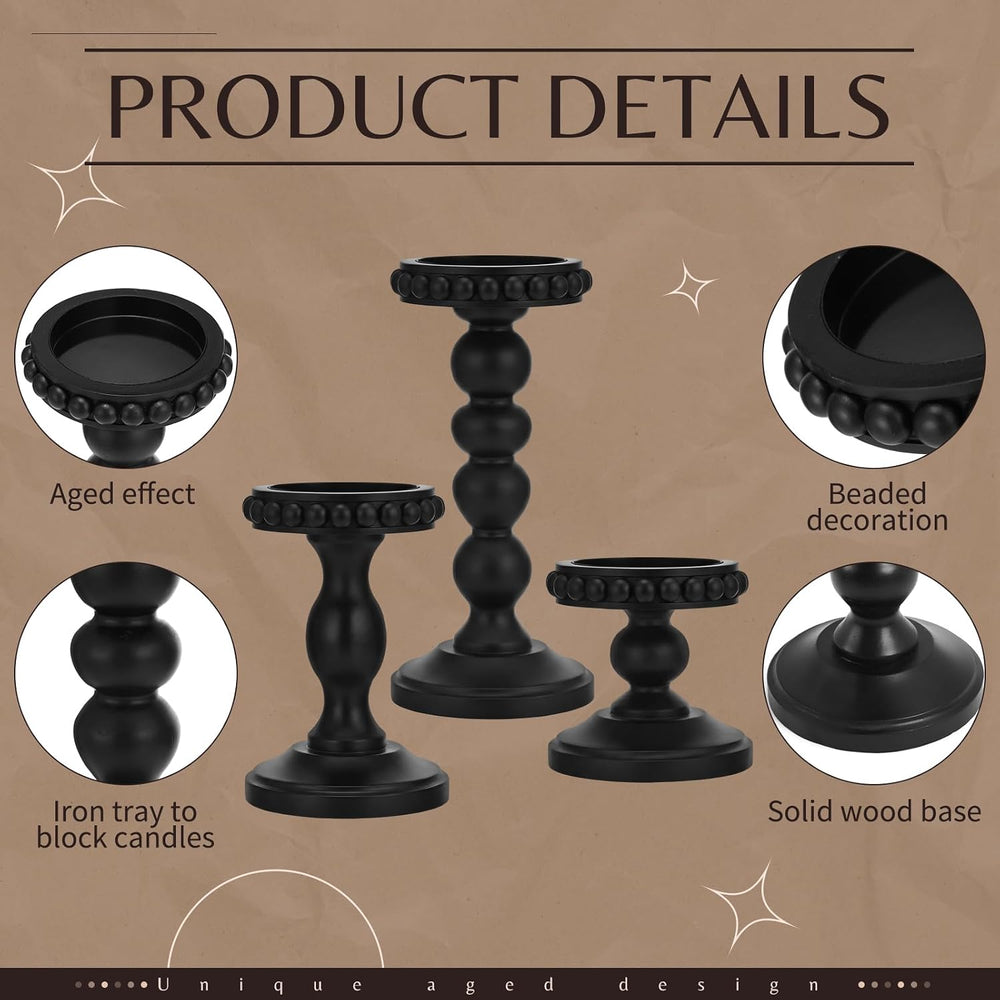 Mumufy 3 Set Wooden Candle Holders for Pillar Candles, Black, Small