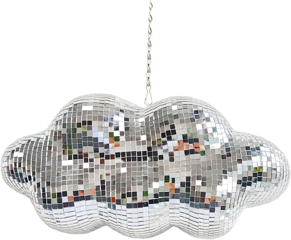 Silver Disco Cloud Ball, 12" Hanging Party Mirror Decor with Chain