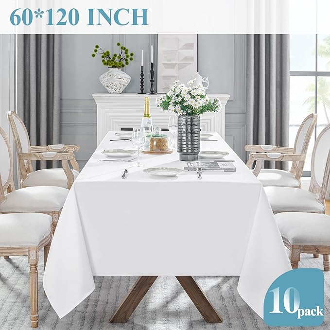 VidaFete Tablecloth 60 * 120inch 10pack Rectangle Table Cloth Polyester, Stain Wrinkle Resistant Dining Table Cover for Kitchen Dinning Party Wedding Rectangular Tabletop Buffet Decoration(White)