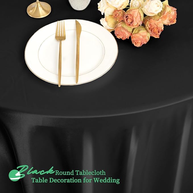 fani 12 Pack 120 Inch Black Satin Tablecloth - Premium Bright Silky Round Tablecloth Overlay Smooth Fabric Table Cover, Table Decoration for Wedding Party Banquet Events Restaurant Kitchen Dining