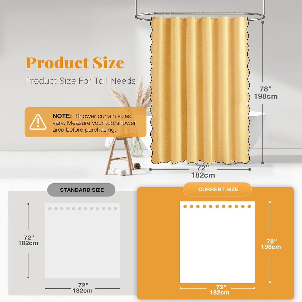 Boho Scalloped Linen Textured Cloth Shower Curtain Set, Gold, 72x78