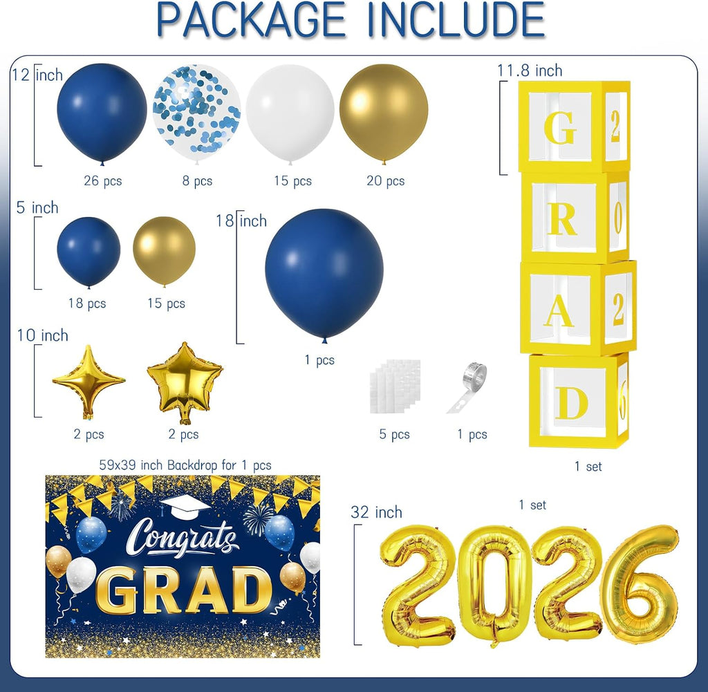 Navy Blue and Gold Graduation Balloons Garland Arch Kit with Backdrop GRAD Balloon Box and Number 2026 Balloons for Graduation Decorations Class of 2026 Grad Party Supplies