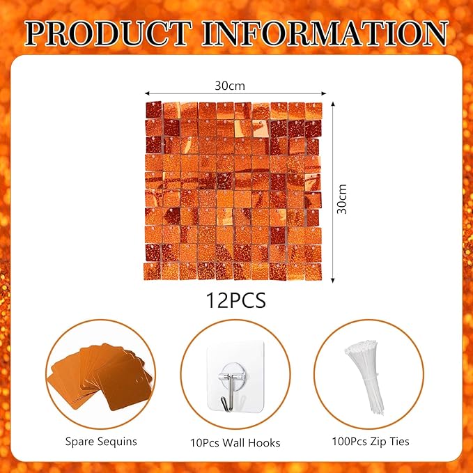 12PCS Orange Shimmer Wall Backdrop, Laser Square Sequin Photo Backdrops Panel, Glitter Wall Background for Birthdays, Weddings, Halloween, Engagements, Disco Bachelorette Party Decoration (3FTx4FT)