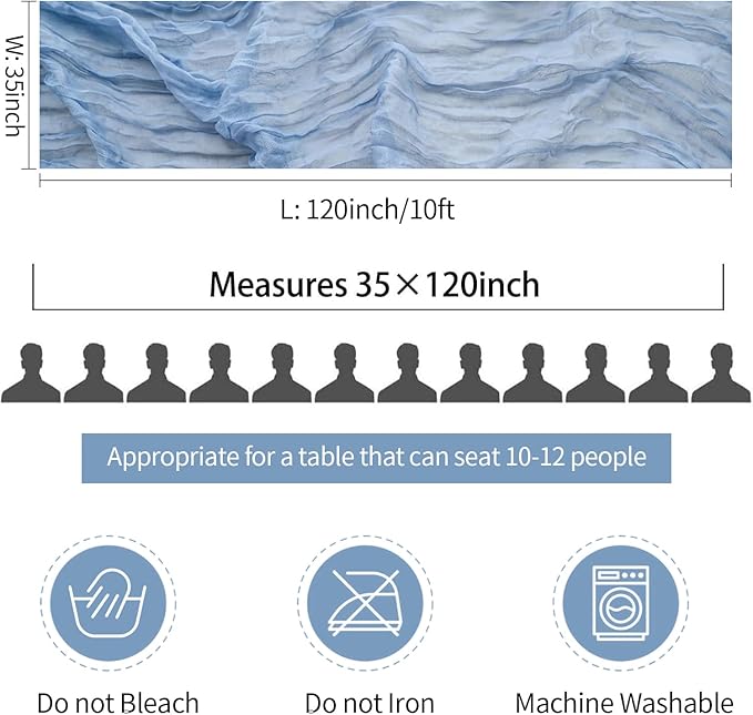 10 Pack Dusty Blue Cheesecloth Table Runner 35x120 Inch, Fall Thanksgiving 10FT Boho Gauze Cheese Cloth Table Runner Rustic Semi-Sheer Runner for Wedding Bridal Baby Shower Birthday Party Home Decor