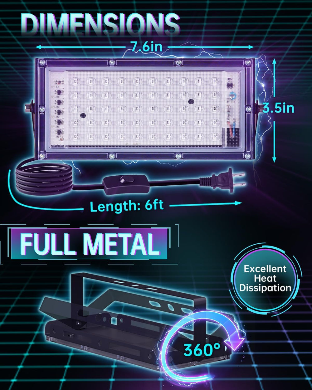 50W LED Black Lights with Switch+Plug, IP66 Waterproof, 4 Pack