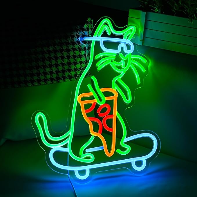 Skateboard Cat Neon Sign LED Cool Glasses Cat Neon Light for Wall Decor Pizza Neon Light Sign Dimmable USB Cat Pizza Light Up Sign for Bedroom Pizza Restaurant Pet Shop Gift (16.7 "*12.2 ")