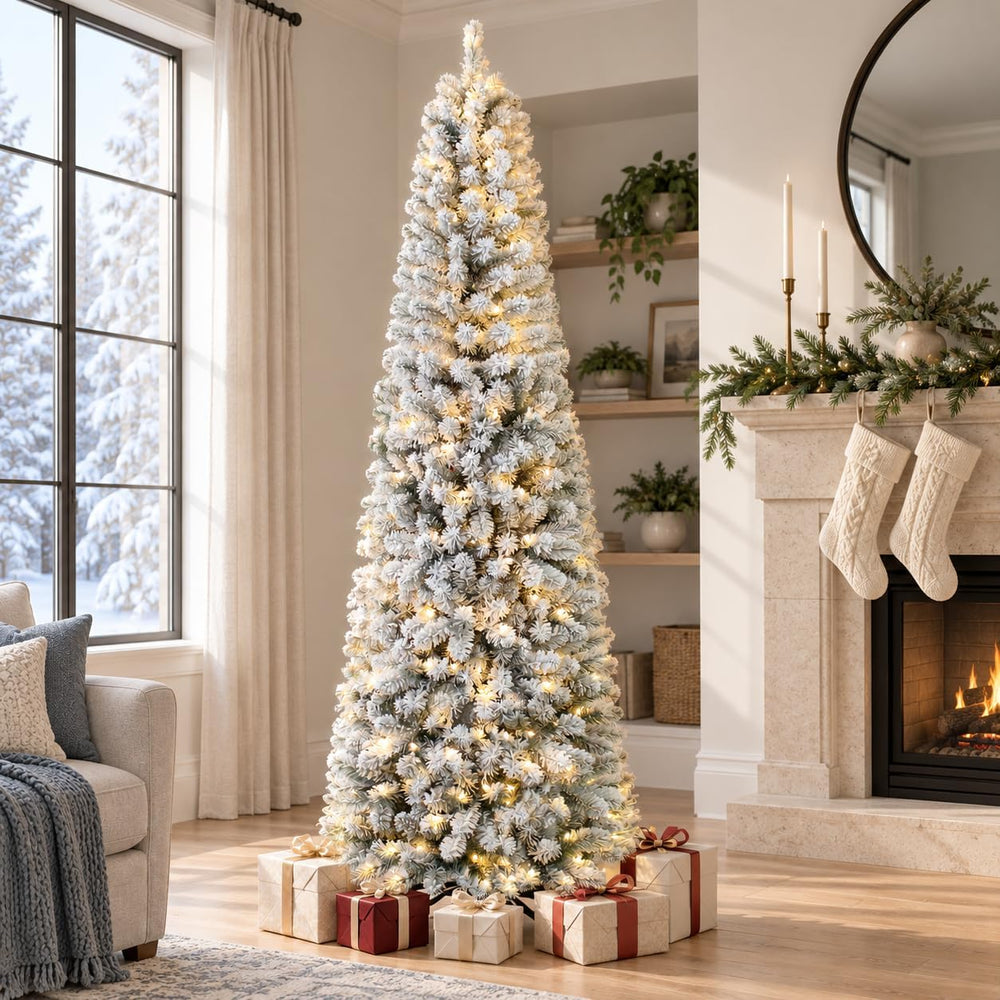 7ft Prelit Slim Pencil Flocked Artificial Christmas Tree-WarmWhite