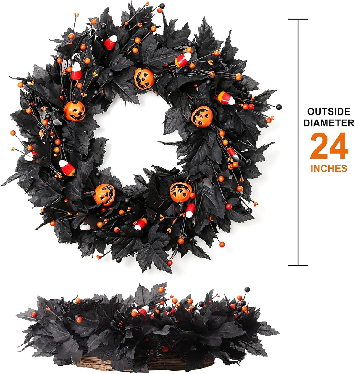 pumpkin halloween wreath 24 inch black maple leave shown in use