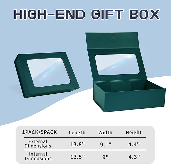 Green Large Gift Boxes with Window, 13.5"x9"x4.3" Bridesmaid Boxe for Gift Giving,Birthday Gift Box with Magnetic,Closure Lid Gift Boxes for Presents,Cute Boxe,Luxury for Gift Packaging,Gift Box for Wrapping Gifts
