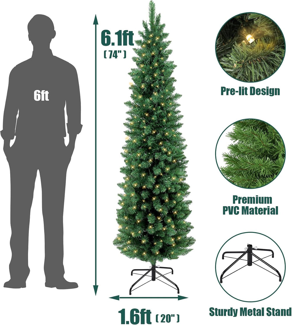6ft Pre-Lit Fir Pencil Christmas Tree, Green Classic Artificial Slim Skinny C...